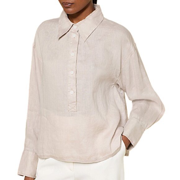 Reiss Nina Linen Overhead Open-Collar Shirt Sage Green 4 Designer Luxury Linen - Picture 3 of 11